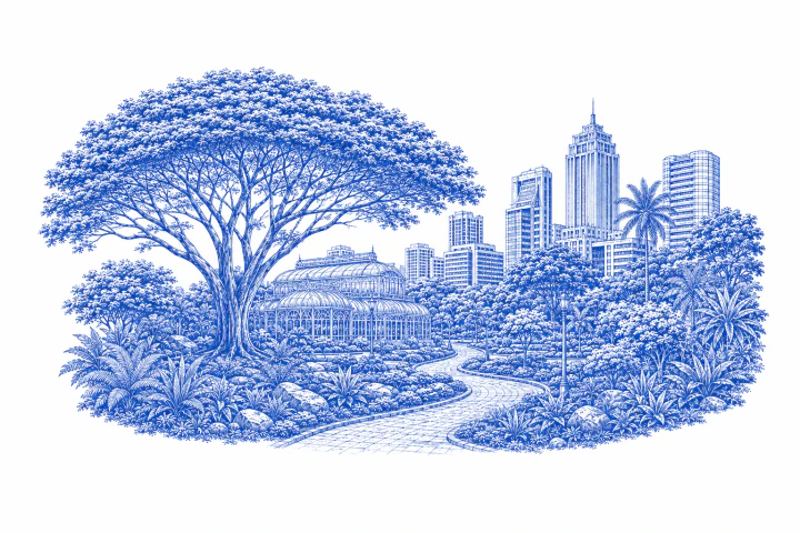 Original blue engraving of an imagined view of the garden and technology city