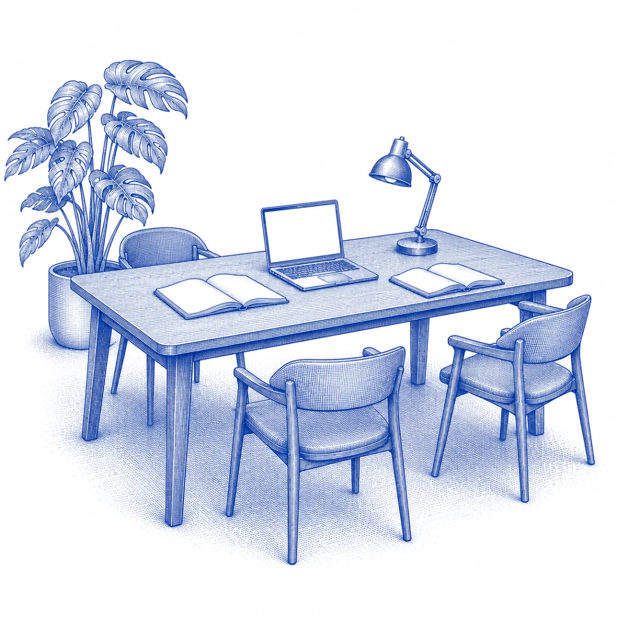 Blue engraving of a shared worktable with three chairs, notebooks and a leafy plant