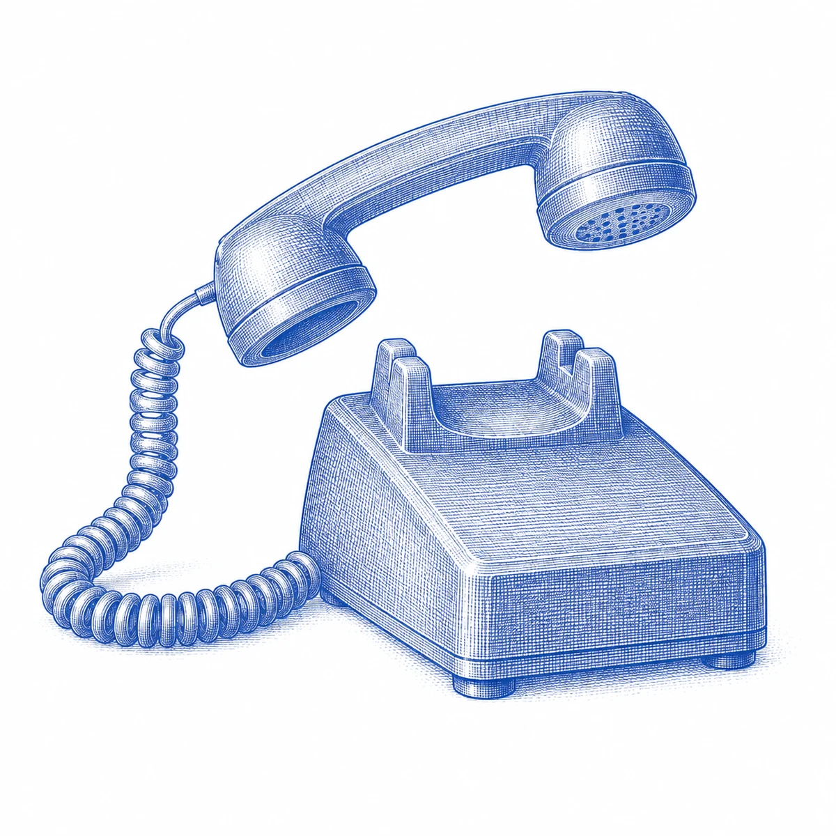Blue engraving of a telephone with its receiver lifted for a conversation