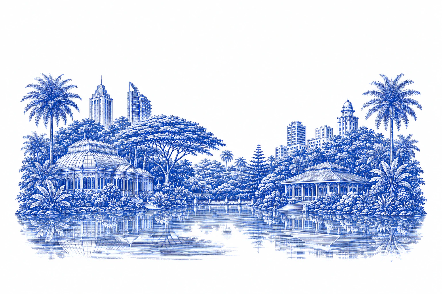 Blue engraving of a Bangalore garden, glasshouse and lake
