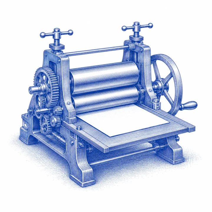 Blue engraving of an etching press