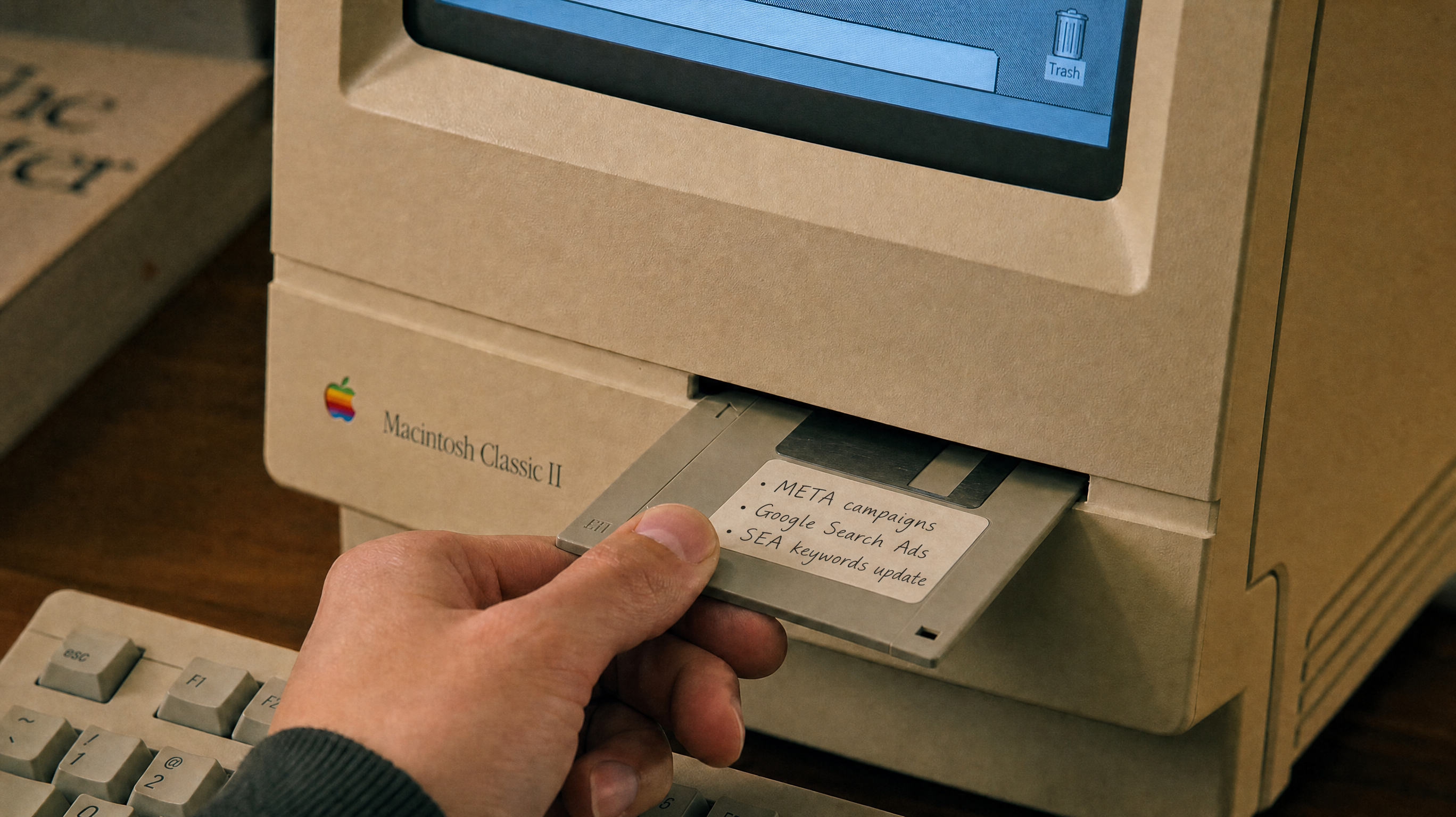A campaign record being stored on a labelled disk beside a working computer.