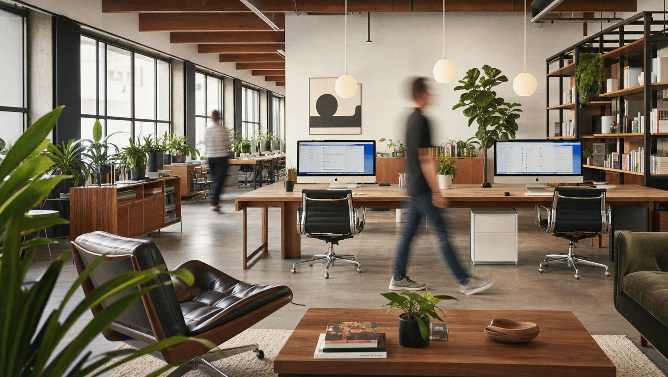 A composed campaign operations studio with media work visible on screens and people moving through the space.